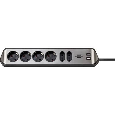 Una ciabatta multipresa con quattro prese rotonde, due porte USB e un cavo di alimentazione collegato sulla destra.
