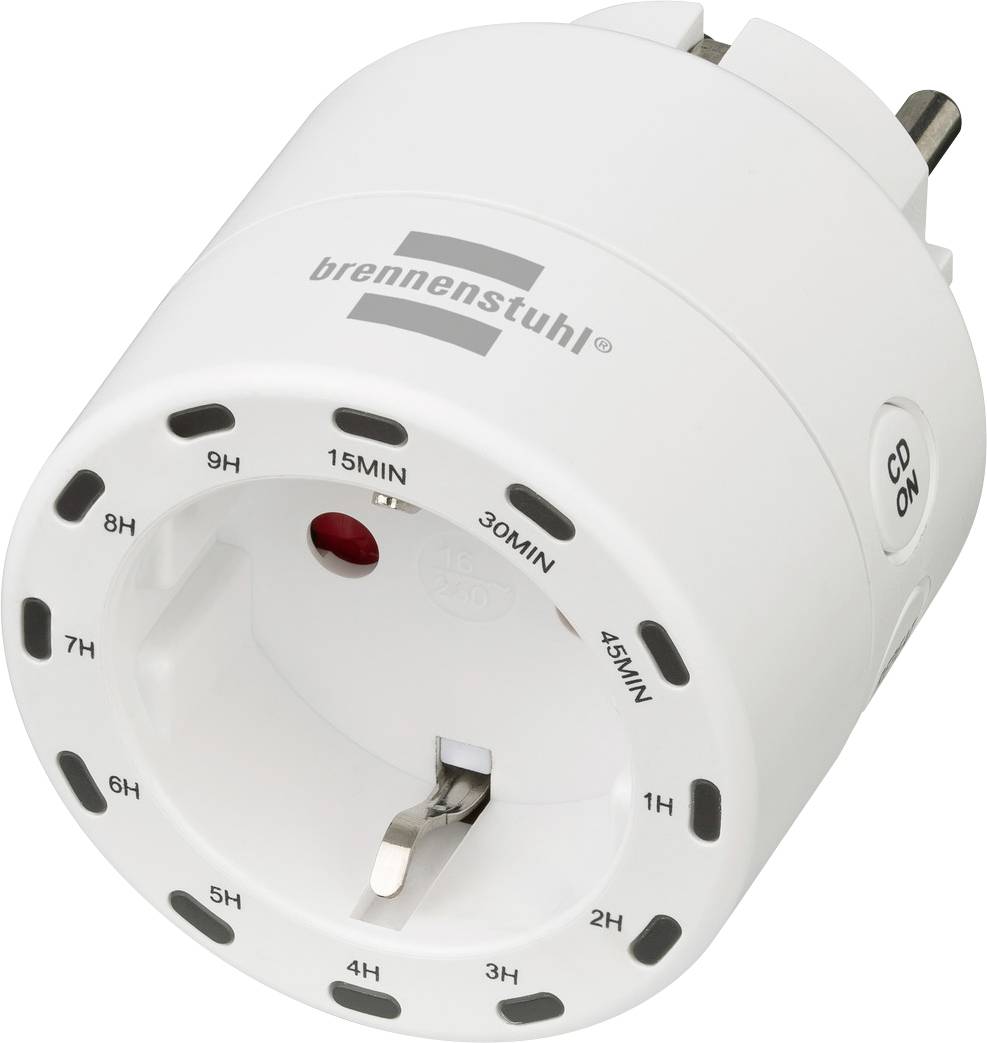 Adattatore timer a spina Brennenstuhl bianco con manopola regolabile contrassegnata da 1H a 9H e 15, 30, 45 minuti.