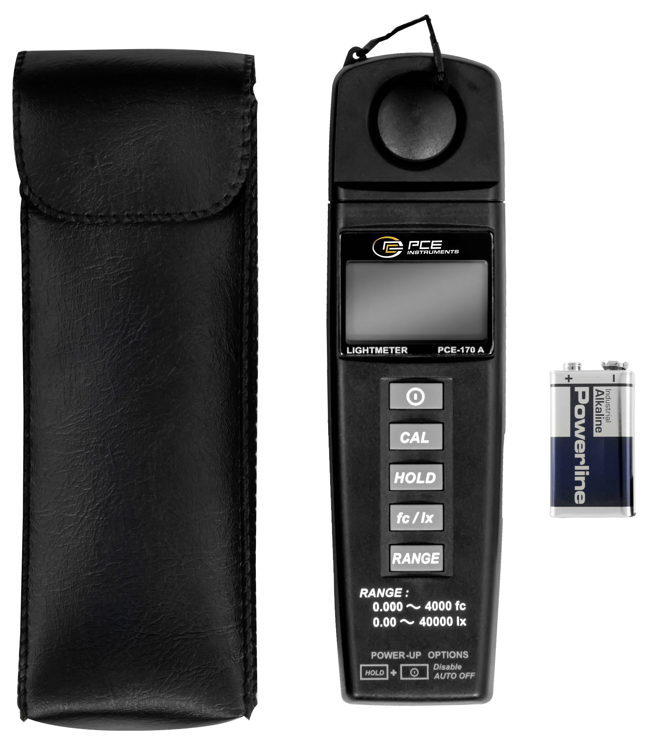 Fotometro portatile con sensore, display, pulsanti, custodia da trasporto e batteria da 9V mostrato su sfondo bianco.