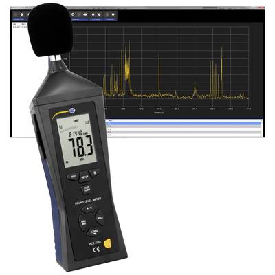 Un misuratore di livello sonoro indica 78,3 decibel sul display. Sullo sfondo un grafico con picchi e valli del livello di rumore nel corso del tempo.