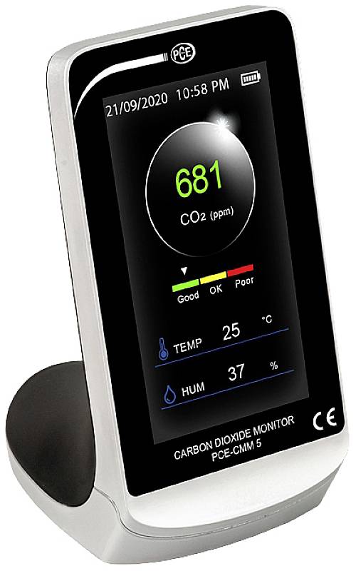 Un dispositivo digitale per la misurazione del CO2 indica 681 ppm, con scala cromatica per la qualità dell'aria. Temperatura: 25°C, umidità: 37%.