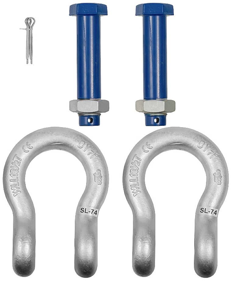 Grilli argentati e bulloni blu con copiglia, per collegare cavi o catene.