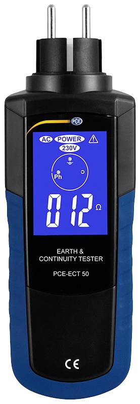 'Dispositivo per la misurazione della messa a terra e della continuità, PCE-ECT 50; mostra il valore di tensione (230V) e la misurazione in Ohm su un display blu.'