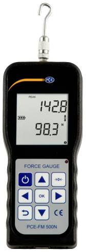 Misuratore di forza digitale con gancio, che mostra 142,8 e 98,3 Newton sul display, con diversi tasti di controllo sotto.