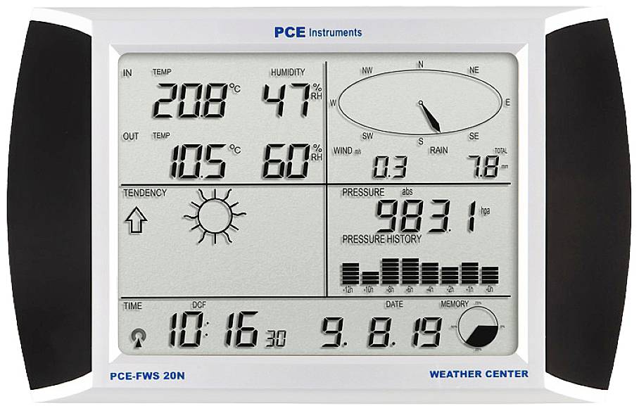 Centro meteorologico digitale con display di temperatura, umidità, ora, data, tendenza meteorologica, velocità del vento e pressione atmosferica.