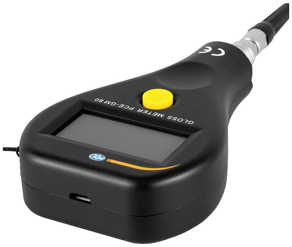 Misuratore di lucentezza digitale con pulsante giallo e display per la misurazione dei valori di lucentezza superficiale, involucro nero.
