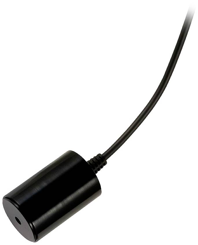 Un microfono a cilindro nero con cavo è raffigurato.