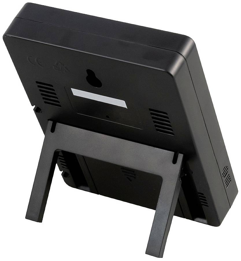 Dispositivo digitale nero con supporto, posizionato verticalmente, vista posteriore. Adatto per il montaggio a parete o come dispositivo da tavolo.