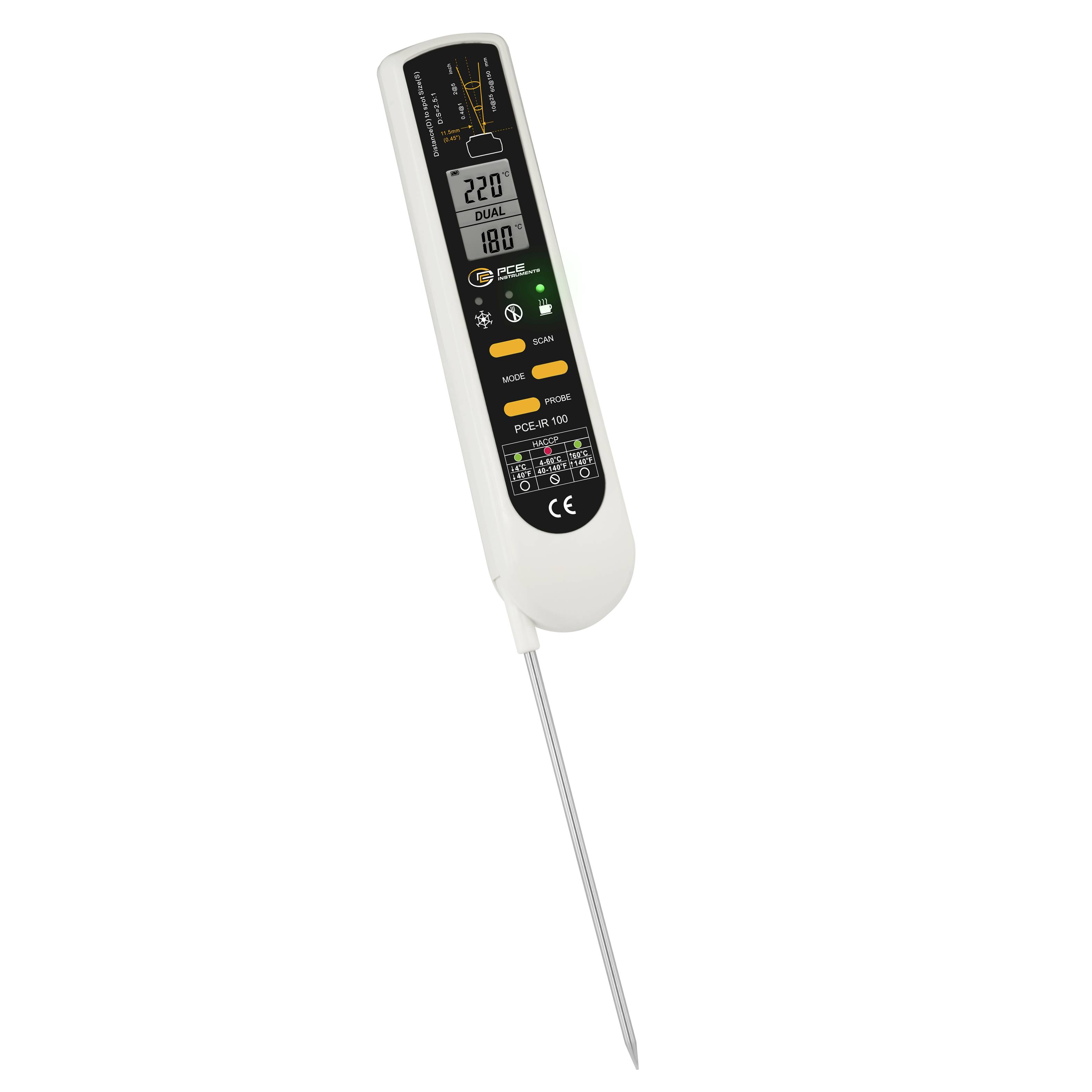 Misuratore digitale di umidità del terreno con sonda e display LCD, che mostra letture di 220 e 180 su uno sfondo bianco.