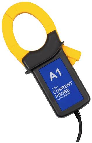 Pinza amperometrica per la misurazione della corrente, numero modello 'A1', testa di misura gialla, custodia nera con scritta blu, cavo di connessione inferiore.