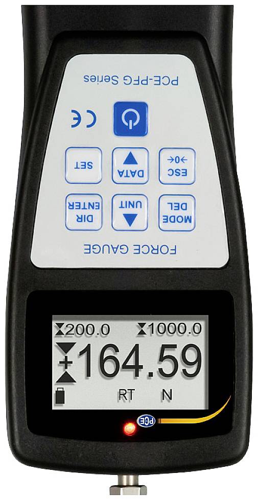 Dispositivo manuale per la misurazione della forza, indica 164,59 Newton. Contiene tasti per impostazioni, cambio di unità e visualizzazione dei dati.