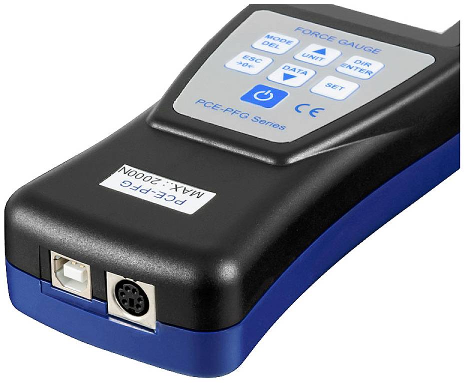 Misuratore digitale di forza con campo di misura fino a 2000 N, tasti per il controllo e il display sul lato frontale.