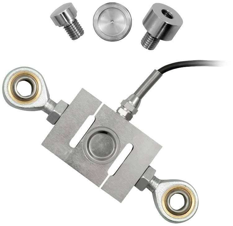 Un dispositivo di misurazione della forza con componenti metalliche collegate da cavi, che mostra diversi attacchi a vite per personalizzazioni.