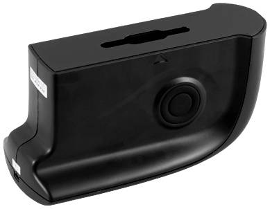 L'immagine mostra un impugnatura nera per fotocamera con forma ergonomica e un'apertura per il fissaggio alla macchina fotografica.