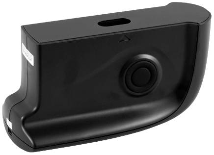 Custodia nera rettangolare in plastica con un pulsante rotondo e un'apertura, probabilmente un componente di accessori per fotocamera o elettronica.