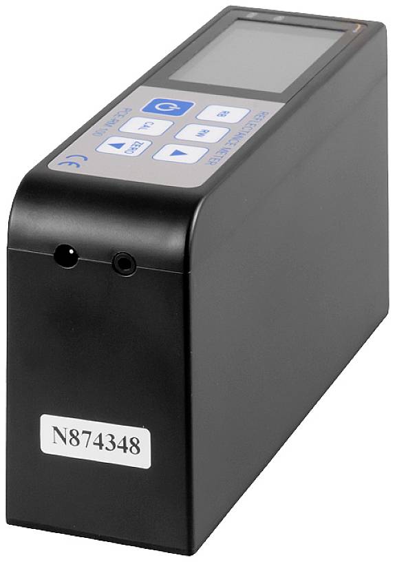 Dispositivo nero, rettangolare con schermo e pulsanti di controllo sulla parte superiore, con etichetta 'N874348' sul lato frontale.