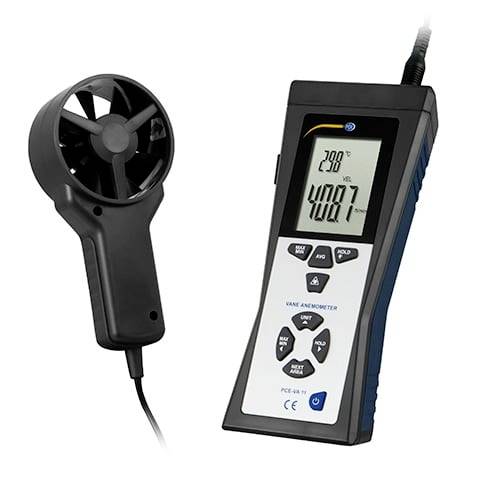 Anemometro palmare con sensore a ventola staccato, che mostra una lettura digitale di 29,9°C e 400,7 sul display.