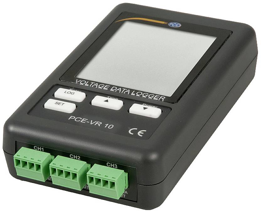 Un datalogger portatile di tensione con schermo e tre morsetti di connessione verdi, modello 'PCE-VR 10', viene mostrato.
