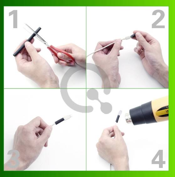 Istruzioni per la riparazione del cavo: 1. Rimuovere l'isolamento. 2. Far scorrere il tubetto termorestringente. 3. Posizionare all'interno del tubetto. 4. Fissare con aria calda.