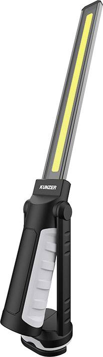 Una sottile torcia LED nera con striscia luminosa gialla e impugnatura ergonomica. Contrassegnata con 'Kunzer'.