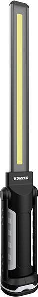 Una lampada LED portatile e verticale con involucro nero, adatta per laboratori e postazioni di lavoro.