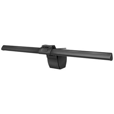 Lampada da monitor nera dal design lungo e sottile, dotata di un clip stabile per il fissaggio sugli schermi.