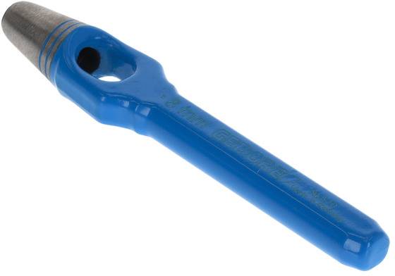 Un punzone in pelle blu con punta in metallo, adatto per forare fori da 8 mm. Ideale per lavori artigianali in cuoio.