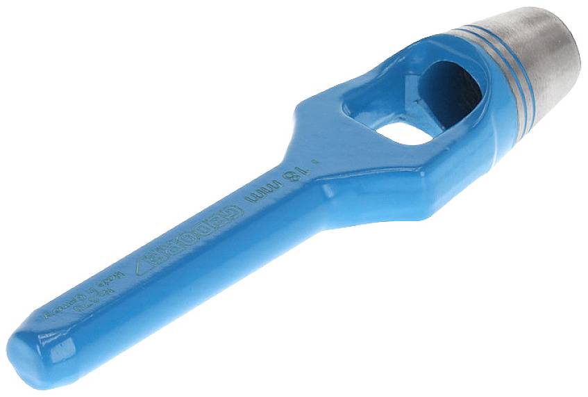 Un punch per fori blu, allungato, con manico e testa metallica, utilizzato per praticare fori in diversi materiali.