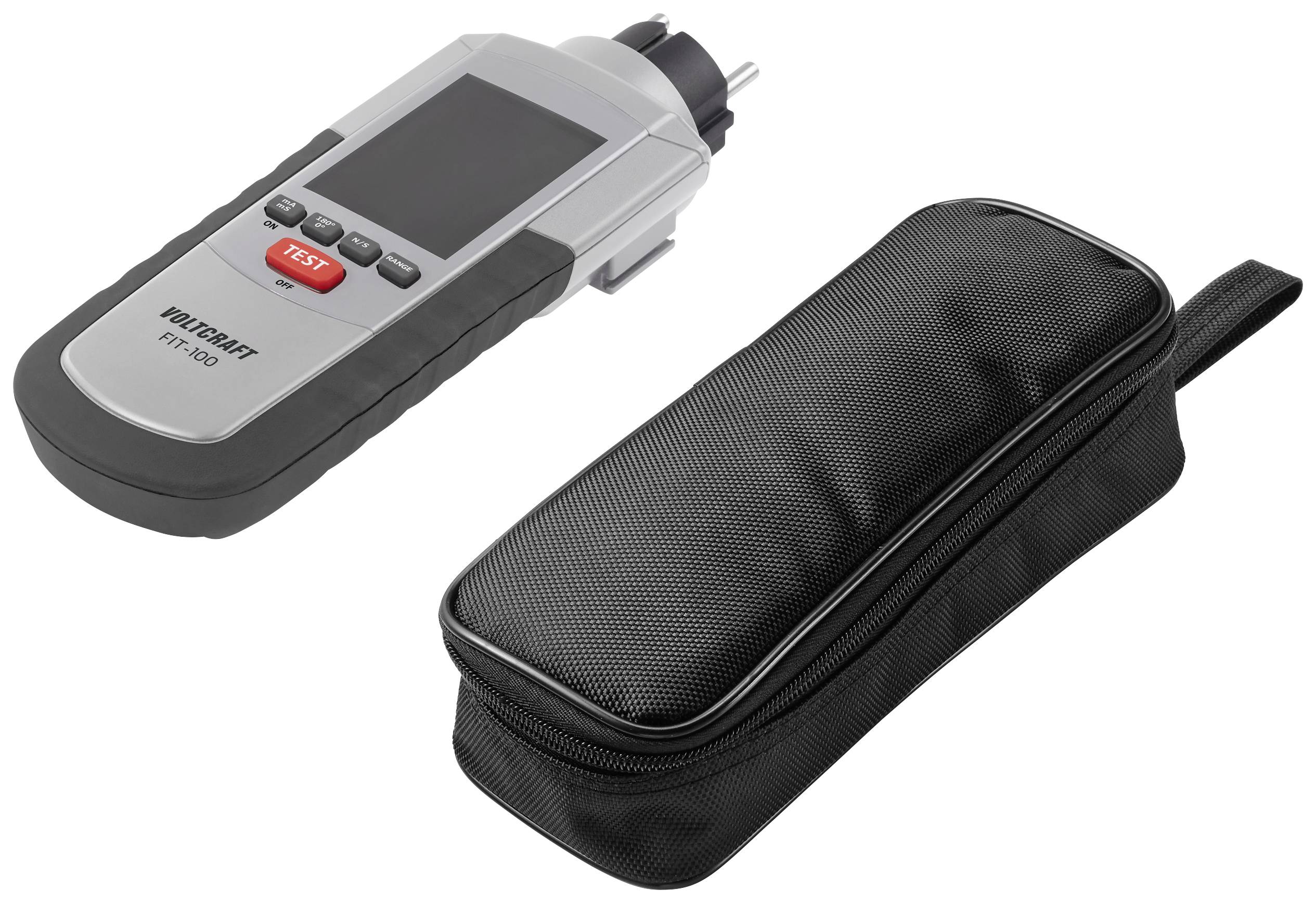 Un dispositivo di misurazione digitale portatile con display e tasto 'Test' accanto a un astuccio nero con cerniera.