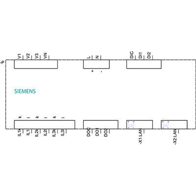 'Schematico di un controllo elettrico Siemens. In alto connettori da V1 a V3, in basso da IL1 a IL3. A destra connettori da X1.1 a X2.1.'
