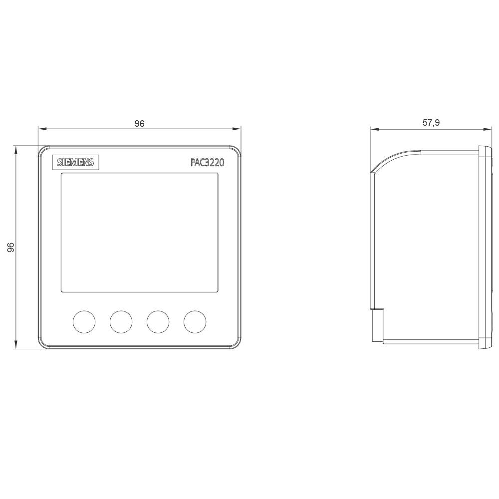Vista frontale e laterale di un dispositivo quadrato con quattro pulsanti sul lato anteriore e un display. Dimensioni: 96 x 96 x 57,9 mm.