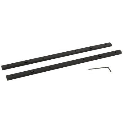 Due strisce di metallo nero affiancate con diversi fori per viti, accompagnate da una piccola chiave esagonale.