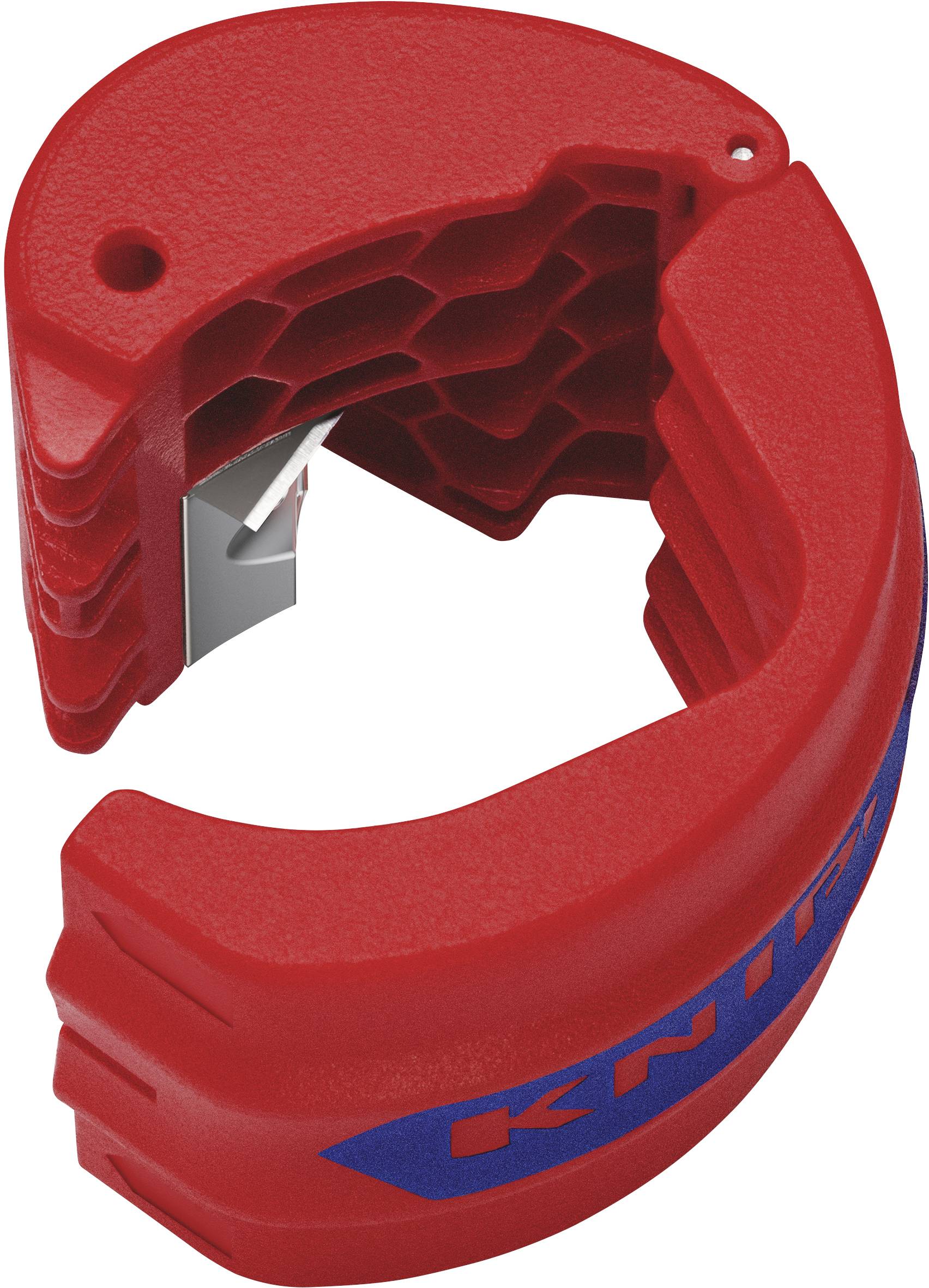 Utensile di sbavatura per tubi in plastica rossa, parzialmente aperto, che mostra le lame. Sviluppato per rimuovere i trucioli dai bordi dei tubi.