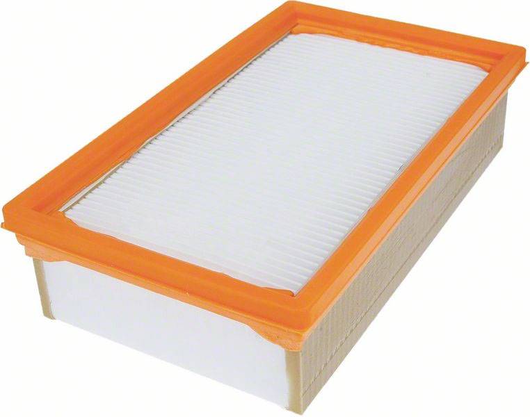 Filtro aria rettangolare con cornice arancione e tessuto filtrante bianco.