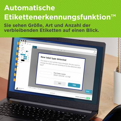La 'Funzione di riconoscimento automatico delle etichette' è al centro dell'attenzione. Lo schermo mostra il software per la gestione delle dimensioni e del numero delle etichette.