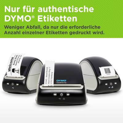 'Tre stampanti DYMO LabelWriter con etichette stampate. Testo: Solo per etichette DYMO autentiche. Meno rifiuti, poiché viene stampato solo il numero necessario.'
