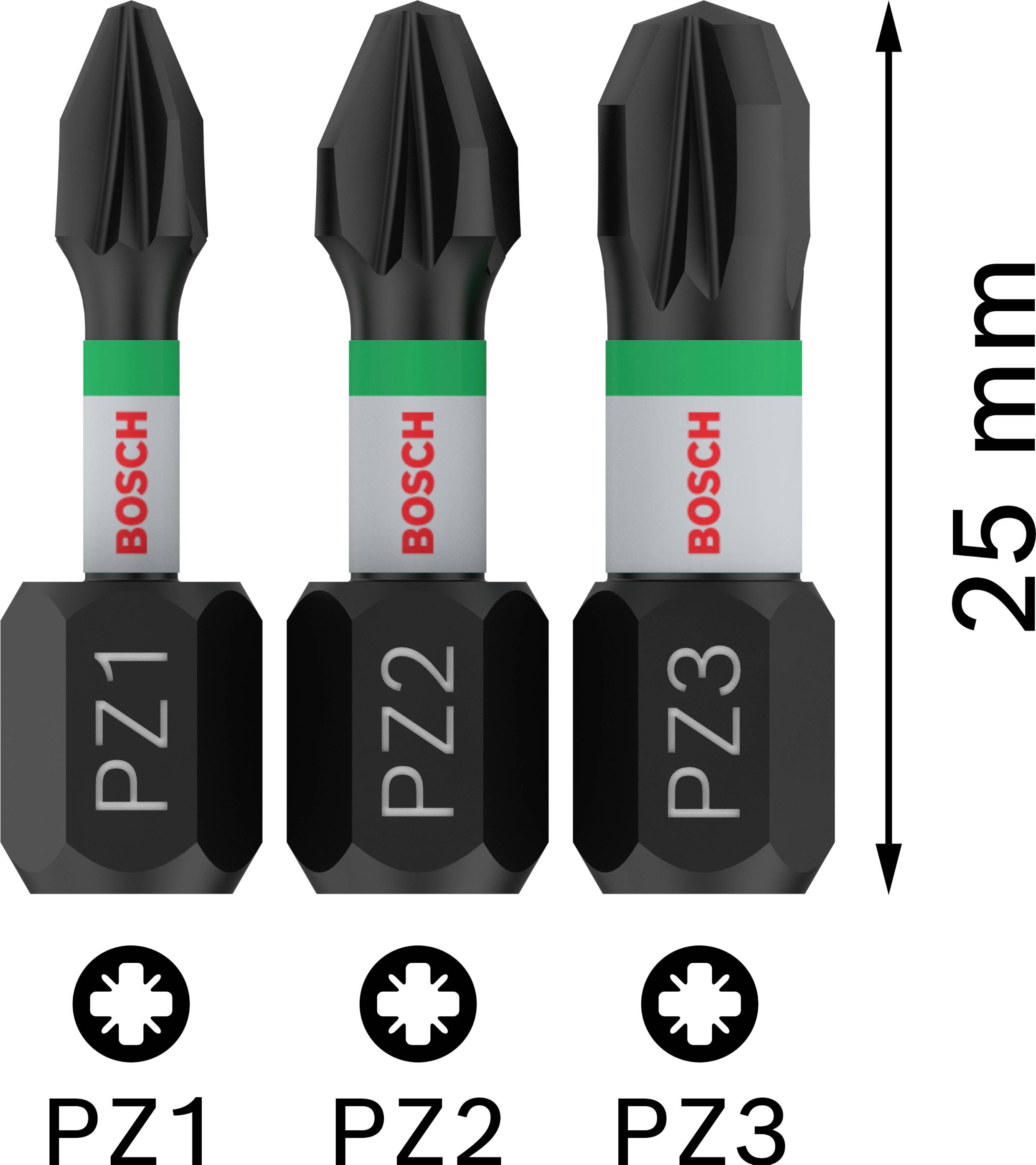 Tre punte per avvitatore Bosch nelle misure PZ1, PZ2 e PZ3, ciascuna lunga 25 mm, rappresentate con profili stellari identici.