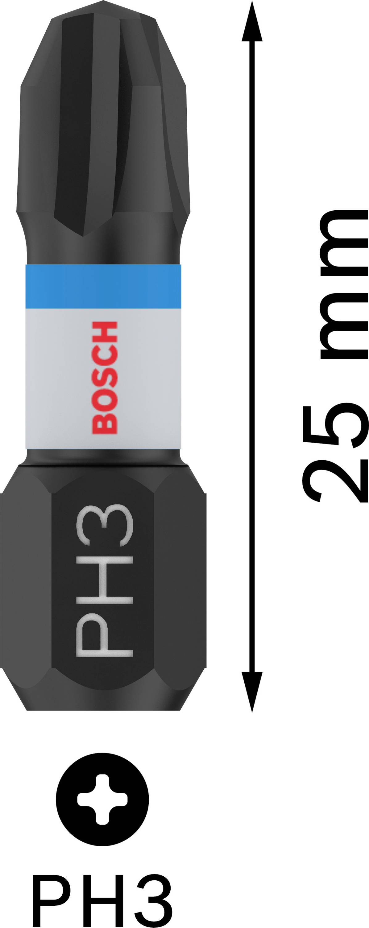 Punta per avvitatore 'Bosch PH3', lunghezza 25 mm, testa Phillips nera.