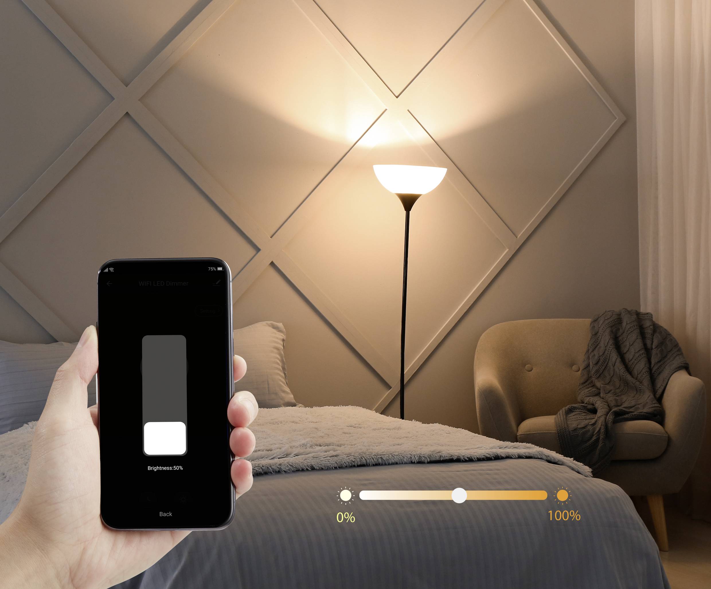 Mano che tiene uno smartphone con una luce intensa sullo schermo, in piedi davanti a una lampada da terra illuminata in camera da letto. Scala di luminosità: 0%-100%.