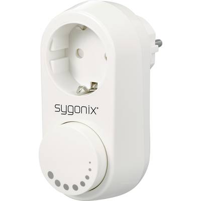 Presa elettrica bianca con timer programmabile 'sygonix', dotata di un regolatore ruotabile in basso e uno slot per la spina in alto. Ideale per controllare dispositivi elettrici.