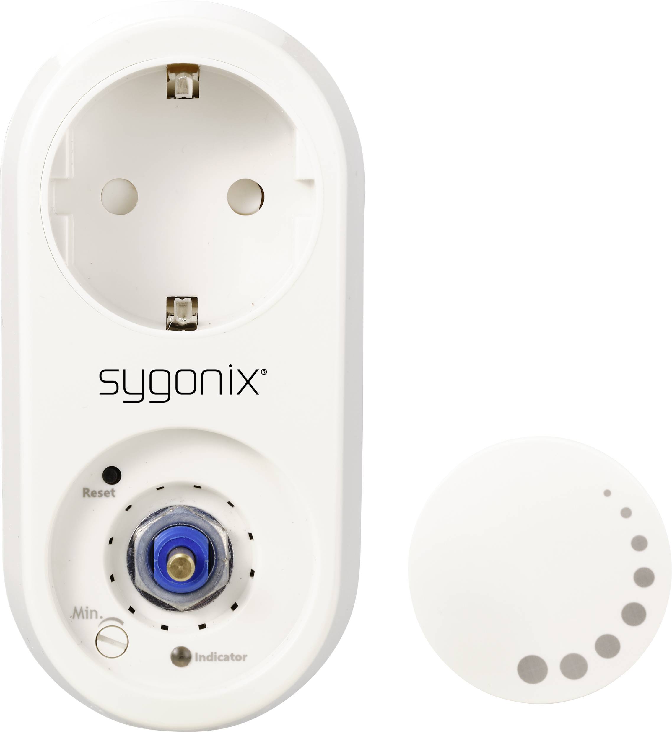Un timer bianco con presa elettrica e una manopola blu per la regolazione. Il nome del marchio 'sygonix' è visibile.