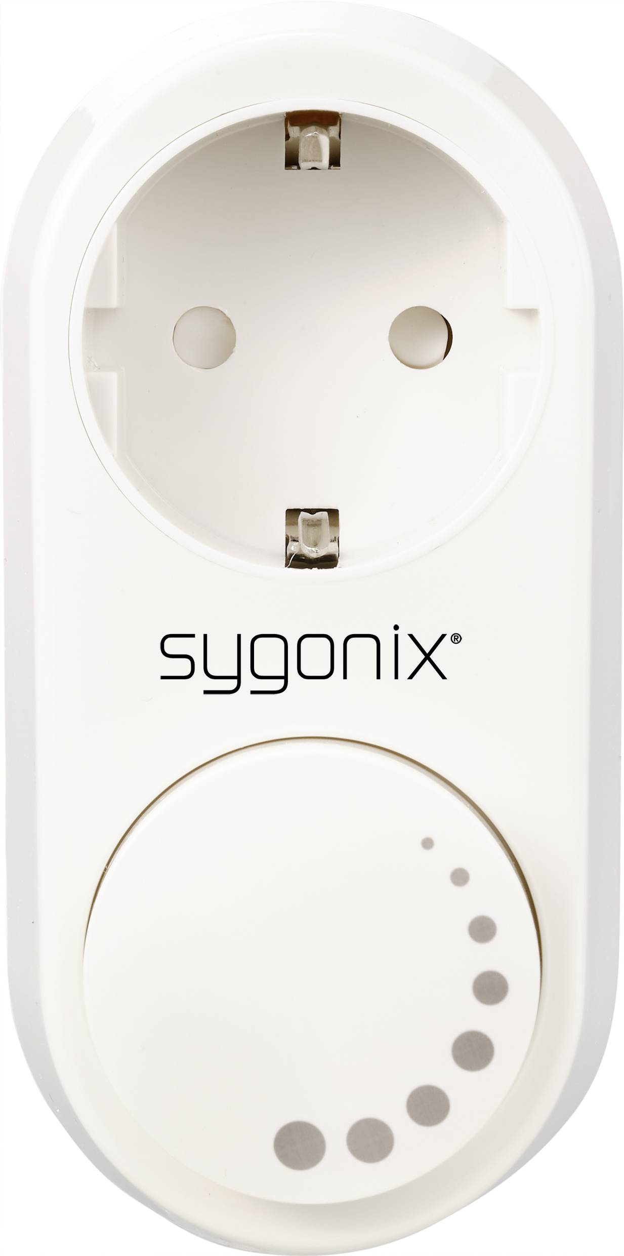 Una presa elettrica con la scritta 'sygonix' e un'area rotonda decorata sotto di essa.