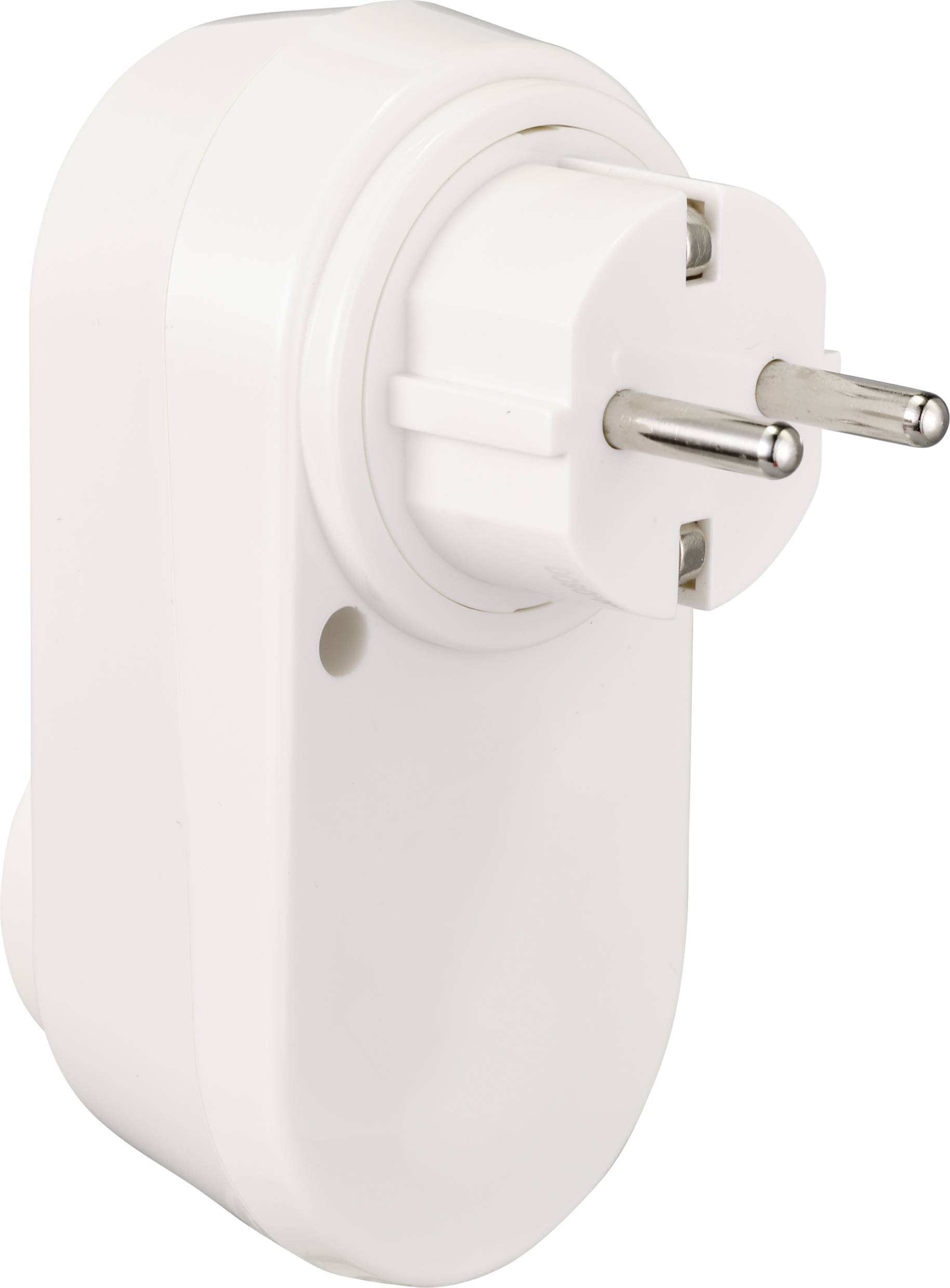 Adattatori per prese elettriche bianchi con due spine rotonde, adatti per prese elettriche europee.