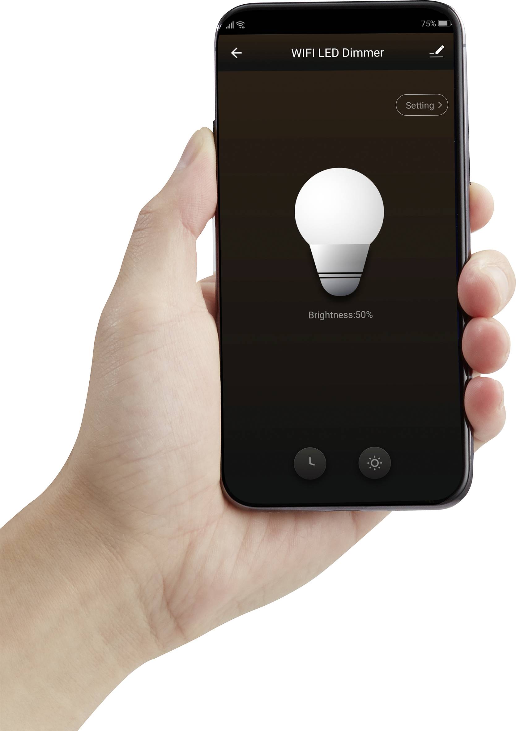 Mano che tiene uno smartphone con l'app 'WIFI LED Dimmer' aperta, mostra il simbolo di una lampadina e l'impostazione della luminosità al 50%.