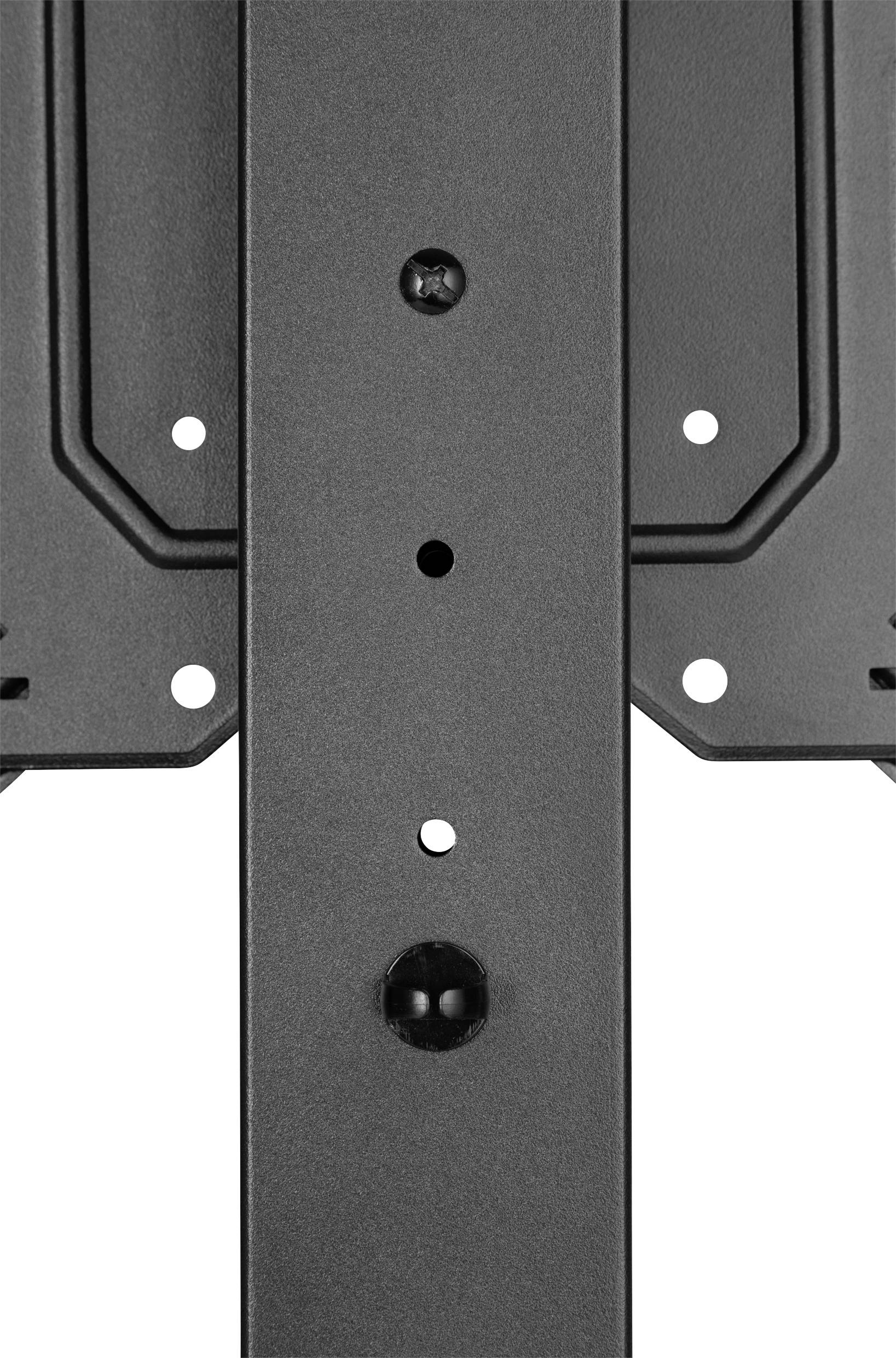 Immagine di un supporto da parete in metallo con diversi fori per viti, posizionati centralmente, presumibilmente progettato per il montaggio di un monitor.