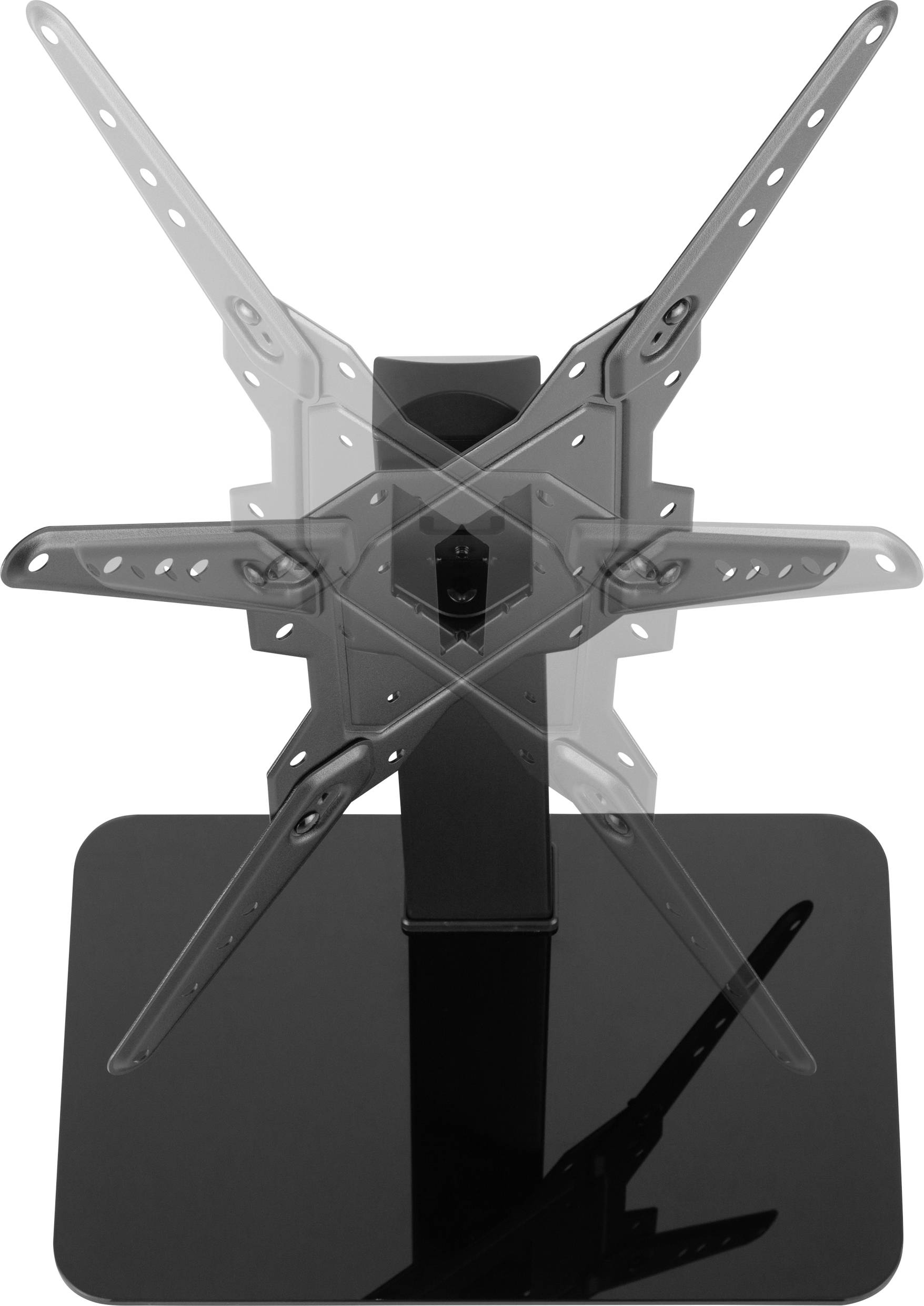 Un supporto TV girevole con bracci regolabili, montato su una base rettangolare riflettente. Ideale per il fissaggio della televisione.