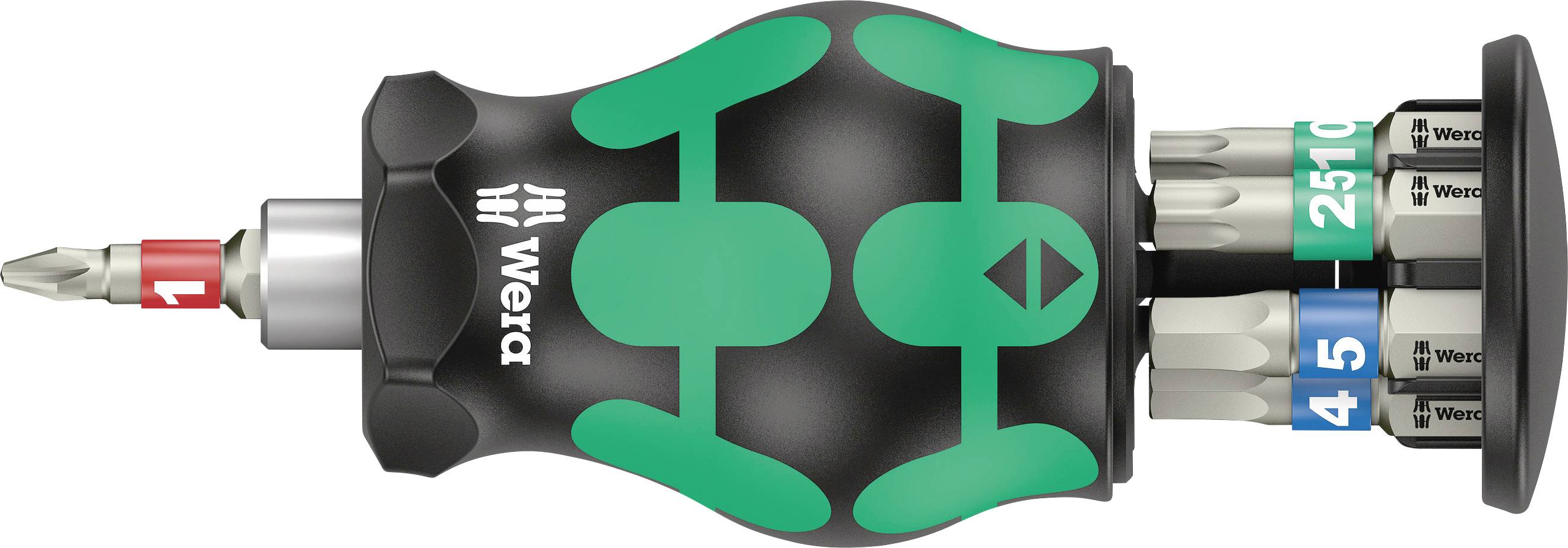 Cacciavite 'Wera' con impugnatura verde-nera e punte intercambiabili di diverse dimensioni integrate nel manico.