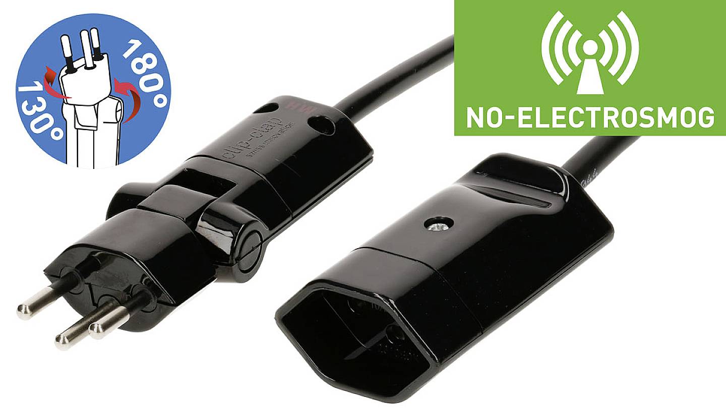 Cavo di rete regolabile nero; ecologico; emblema che mostra 'No-Electrosmog'. Adattatore ruotabile da 130 a 180 gradi.