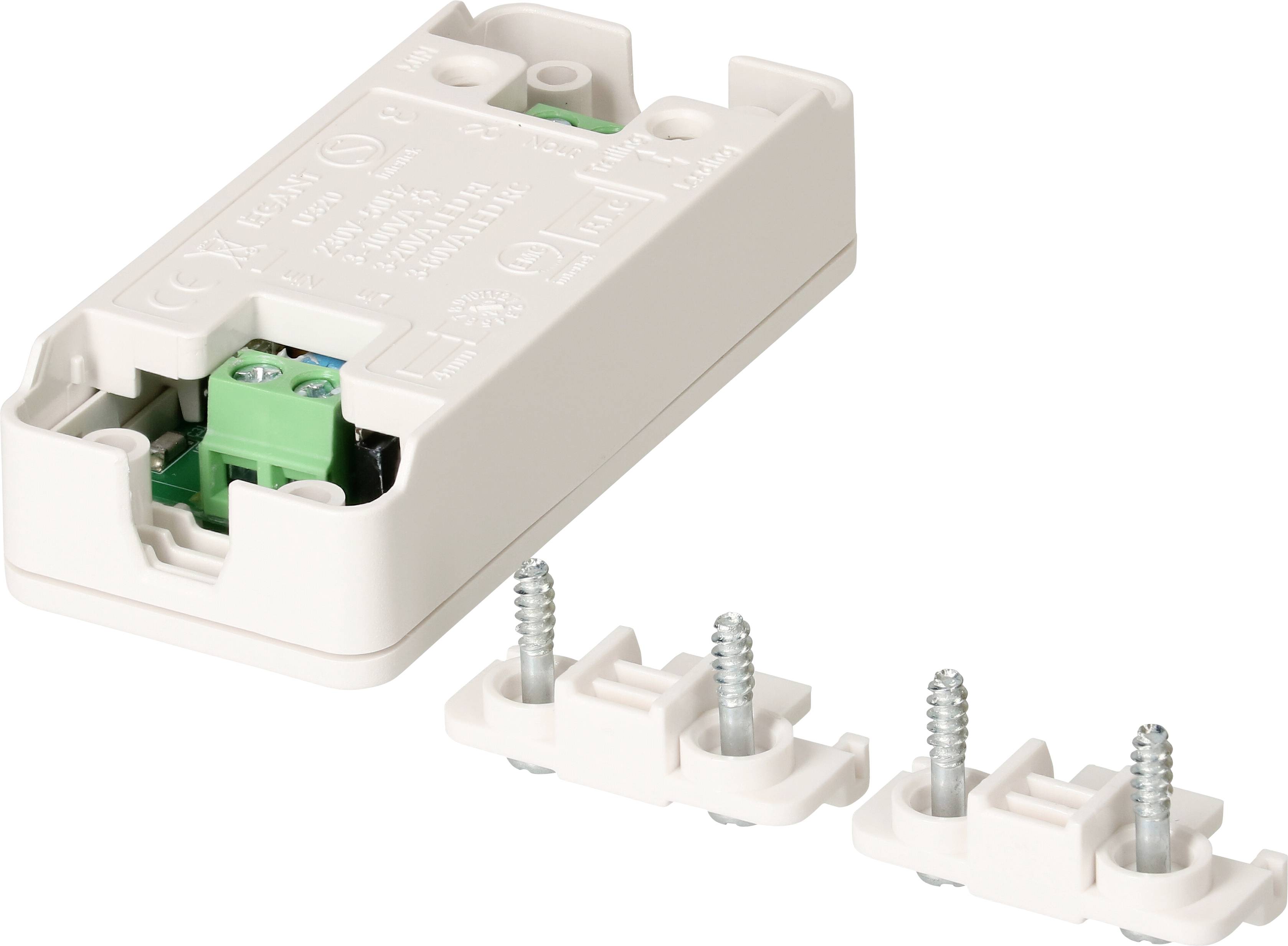 Involucro in plastica con connessioni visibili e due clip di fissaggio con viti. Utilizzato per connessioni elettriche o montaggio.