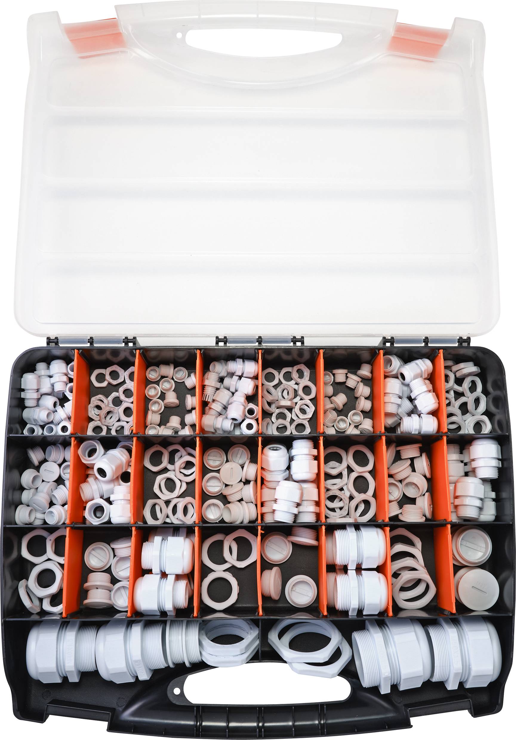 Una scatola di immagazzinamento aperta con diversi anelli di tenuta disposti in scomparti arancioni, ordinati per dimensione e tipo.